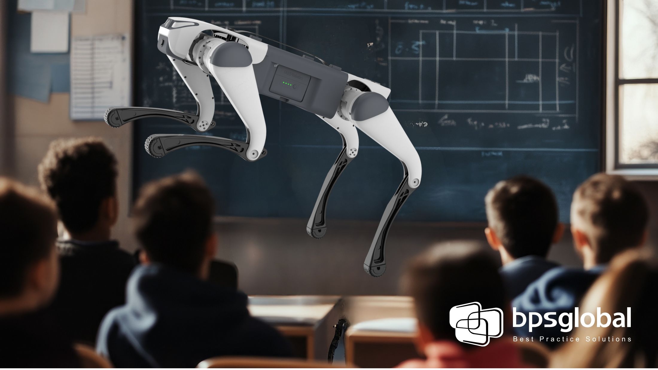 Students programming robot dog in classroom