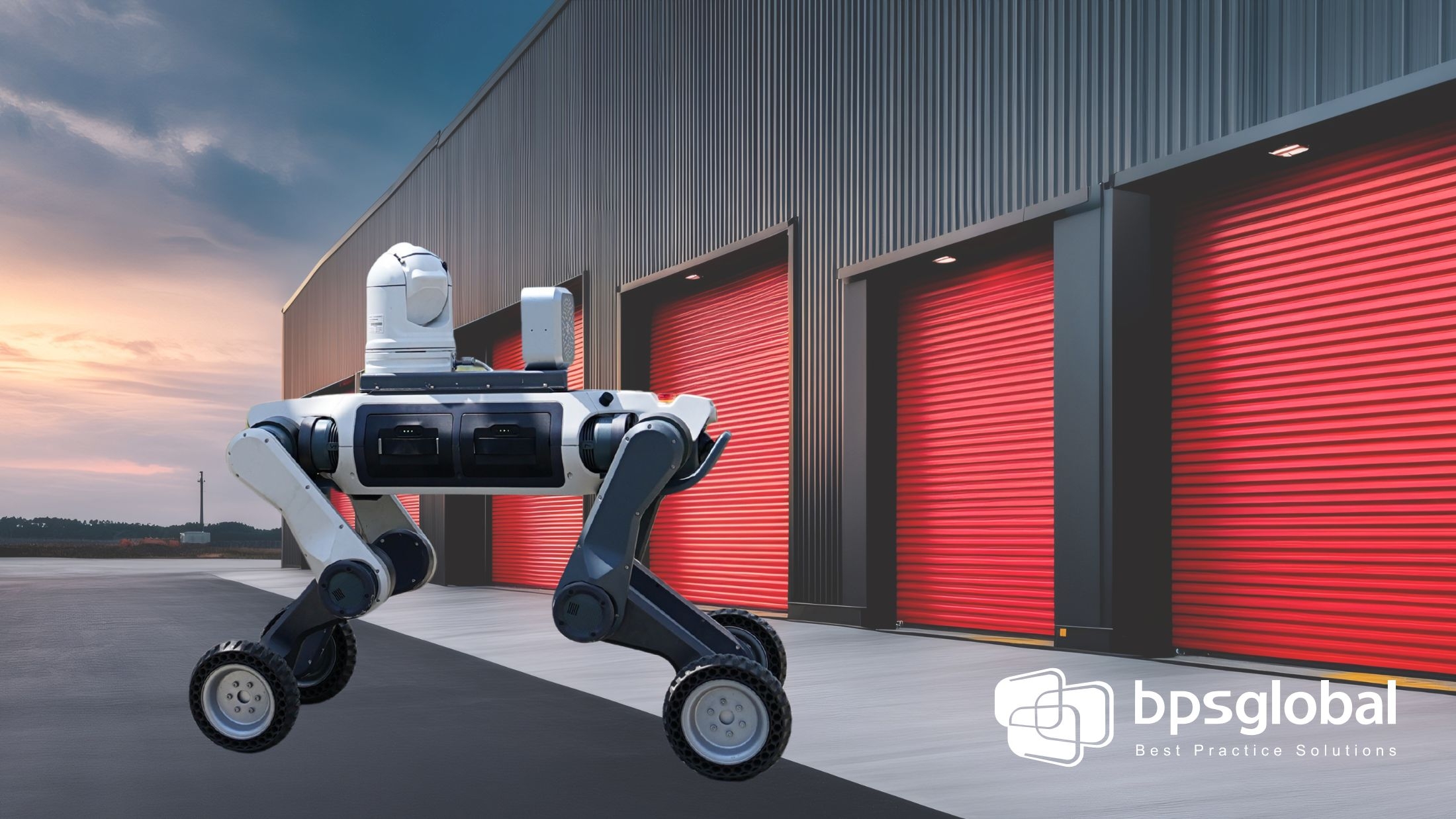 Robot dog transporting goods in warehouse